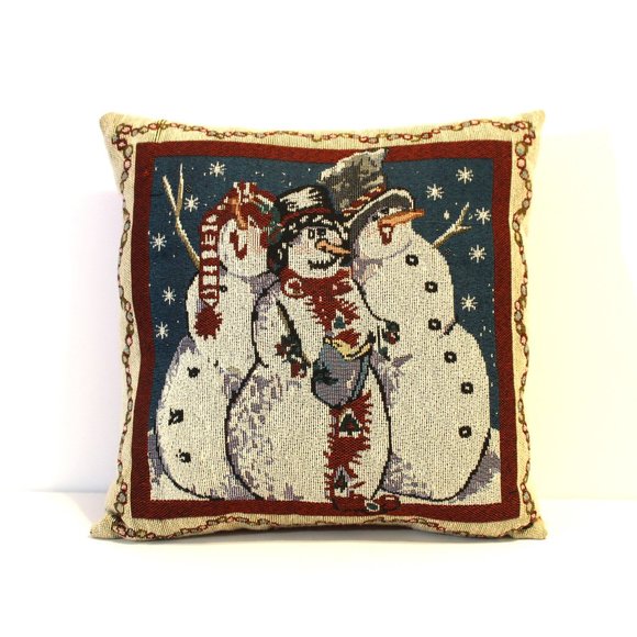 Vintage Caroling Snowmen Needlepoint Style Holiday Tapestry Throw Pillow - Picture 1 of 7